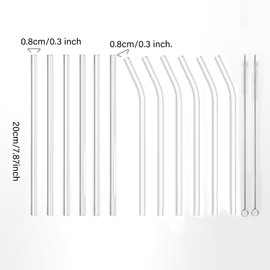 YUTRENN 12 Pcs Bent Glass Straws Reusable Glass Straws Clear, Sets of 12 Bent Straws & 2 Cleaning Brushes, 8 Inch x 0.3" Thick Glass Drinking Straw for Tumblers Gift Wrap Dishwasher Safe