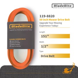 BladeBite 50 inch Mower Drive Belt 119-8820 / Kevlar Cord / 1/2" x 141 1/2" - Compatible with Toro TimeCutter 120-3892 SS5000 SS5060 MX5060 74630 74361 74632 74635 74637 74641