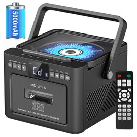 Boombox Cassette CD Player Bluetooth5.1 with 5000mAh Battery,5W Dual Stereo Speakers,Rechargeable CD Player with FM Radio,Remote Control,Tape Recording,3.5mm Earphone Jack,AUX/Micro SD/USB for Home