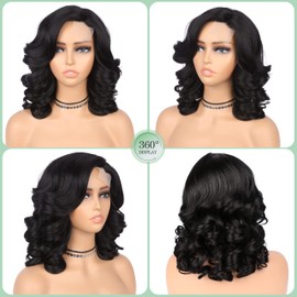 quickwig Short Body Wave Wig Glueless Short Wavy Bob Wigs Side Part Loose Wave Wigs for Women Shoulder Length Curly Synthetic Wig Lace Part Hair (Natural Black)