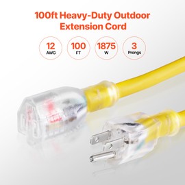 VEVOR 100FT Heavy Duty Extension Cord, 12AWG 15Amps 1875W, 3 Prongs Indoor Outdoor Electric Cord with Lighted End, Flexible & -40°C Cold-Resistant for Lawn, Garage, Home Use, ETL Listed