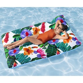 H2O GO Blissful Drifter XL Fabric Lounge - 79" x 51", Tropical Pattern, Inflatable Pool Float w/Headrest, Removable Washable UPF Cover, Water Play