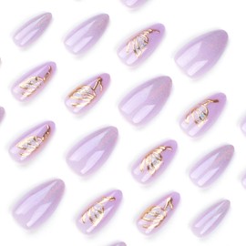 Almond Press on Nails Shiny Medium Fake Nails Purple False Nails with 3D Gold Butterfly Designs Glitter Full Cover Acrylic Artificial Nails Glossy Glue on Nails Natural Stick on Nails 24pcs LL04