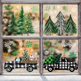 ADQUATOR Xmas Window Clings Decoration, Static Snow Flakes and Green Christmas Tree Stickers Merry Christmas Window Decals for Christmas Party Supplies (8 Sheets)