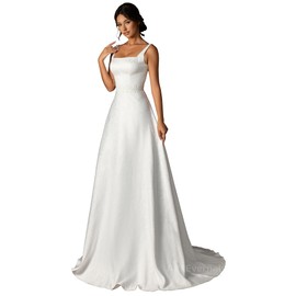 Woman Wedding Dresses Suitable for Chest Size:37.01'' Waist Size:31.5'',Floor Length Elegant Bridal Gowns with Square Neck,White Royal Style Simple Jacquard Wedding Dress