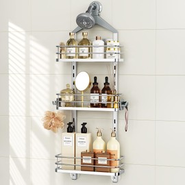 Orimade Aluminum Hanging Shower Caddy Over Head, Adjustable Bathroom Shelf with Hooks, Anti-Slip Rustproof Organizer Storage Rack Basket, Silver, 3 Tier