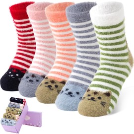 ICEIVY Womens Fuzzy Socks Thick Soft Warm Winter Fluffy Cozy Cabin 5 Packs Casual Home Sleep Socks with Gifts Box (US, Numeric, 5, 9, Regular, Regular, Multicolor-Stripes Cat)