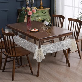 Qubjus Clear Plastic Tablecloth Waterproof Rectangle Vinyl Table Cloth with Embroidered Lace Table Cover for Dining Kitchen Buffet Banquet Parties(60x86 inch, Beige)