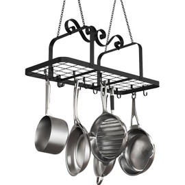 TICKCACY 33” Black Pot Rack Hanging, Metal Pan Rack Hanging with Grid, Heavy Duty Ceiling Pot Rack with 15 Hooks, Pot and Pan Hanging Rack Organizer for Kitchen Cookware Utensils