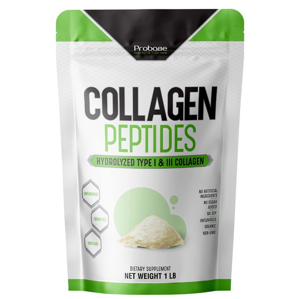 Probase Nutrition Collagen Peptides Powder (Type I, III) for Skin Hair Nail Joint, Hydrolyzed for Better Collagen Absorption, Non-GMO Verified, Keto Friendly and Gluten Free, White, 16 Oz