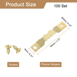 sourcing map 100Pcs Picture Hangers, Picture Frame Hook, Frame Backing Fasteners with 200 Pcs Screws for Hanging Clock Paintings Pictures, Gold