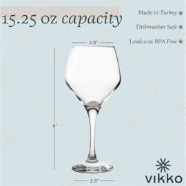 Vikko Red Wine Glasses, Set of 12 Wine Glasses, Large 15.25 Ounce Capacity, Thick and Durable Stemmed Wine Glasses, Merlot, Bordeaux, Chardonnay Gifts, Dishwasher Safe, Wine Glasses