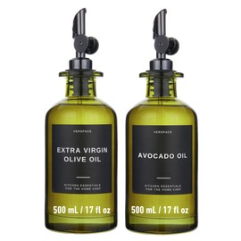 Verspace UV-Protected Green Glass Olive Oil Dispenser Bottles For Kitchen - 2 Pack - 17oz Includes 40 Kitchen Essential Labels, Avocado Oil Dispenser Set, Modern Decor for Home, Airbnb, Cafe