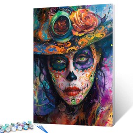 Paint by Number Abstract Person Portrait with Flowers DIY Painting On Canvas with Brushes Acrylic Day of the Dead Skull Paint by Numbers for Adults and Kids Students Beginner 16x20 Inch（without Frame）