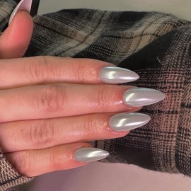 Gray Glazed Donut Press on Nails Almond, Smoky Chrome Nails Press ons for Women, Thick Aurora Glue on Nails Medium Length, Reflective Mirror Shinny Acrylic Nails Light Weight & Fit Perfectly