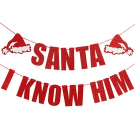 Santa I Know Him Banner Red Glitter - Buddy The Elf Party Supplies, Grinch Cutout, Buddy Elf Decorations, Christmas Party Decorations, Santa Cutout, Santa Face Cutout, Christmas Mantle Home Decor