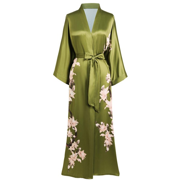 BABEYOND Kimono Robe Cover up Long Floral Satin Sleepwear Silky Bathrobe Bachelorette Robe (Green)