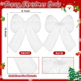 Janinka 6 Pcs Large White Christmas Bow Ornaments 13.4x9.1 Inch Big Plush Faux Fur Bow Decorations Furry Xmas Tree Topper for Wreath Door Window Fireplace Staircase Decor