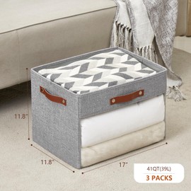 Roobyl Extra Large Storage Baskets with Clear Window, See Through Closet Organizer with PU Handles, Linen Foldable Storage Bins for Organizing Clothes, Toys, Books (Gray)