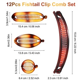 Pack of 12 Retro Banana Clips, Vintage Fishtail Resin Clips Set, French Banana Clincher Double Comb, Fish Ponytail Holder with Rubber Bands, Long Clincher Combs for Girls Women