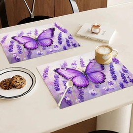 Butterfly Lavender Summer Placemats Set of 6, 12x18 Inch Spring Table Place Mat Country Washable Non-Slip Heat Resistant Fabric Placement Mats for Dining Kitchen Indoor Outdoor Decor