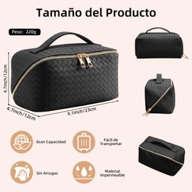 Bolsa de Cosméticos de Viaje de Gran Capacidad para Mujer, Bolsa de Cosméticos Cuero PU Impermeable, Bolsa de Cosméticos Multifuncional, Bolsa de Maquillaje Portátil de Viaje con Asa y Divisor, Negro