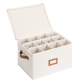 StorageWorks Stemware Storage Cases, Hard Shell Wine Glass Storage Box with Dividers for Glassware, Crystal, and China Holds 12 Standard Size Wine Glasses, 1 Pack, Beige