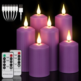 yunsheng Rechargeable Flameless Candles with Remote Timer, in/Outdoor Waterproof LED Flickering Pillar Candles Set of 6 (D2 x H4/5.5/6.5"), Battery Operated Purple Plastic Roman Column Candles
