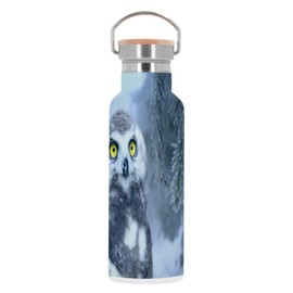 Edelstahlflasche Isolierte Thermosflasche - Baby Eule im Schnee Prächtige gelbe Augen Natur - 500 ml (17 Unzen)