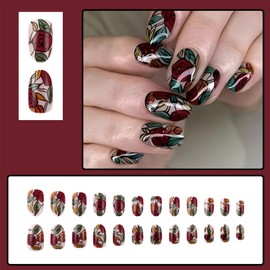 LBPEPAMZ Flower Press on Nails Short Almond Fake Nails Dark Red Retro Rose Full Cover False False Nails Colorful Big Floral Glossy Acrylic Nails Glue on Nails for Women Girls Manicure Decoration 24Pcs