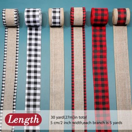 6 Rolls 30 Yards Christmas Burlap Fabric Craft Ribbon Christmas Buffalo Plaid Wired Edge Ribbons Buffalo Check Ribbon for DIY Craft Bow Wrapping Christmas Decoration (Mixed Style)