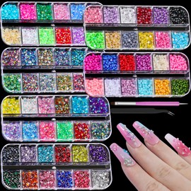 6 Boxes Sparkling Crystal Nail Rhinestones Pearls Kit,Flatback Multicolor Transparent Jelly AB Mermaid Gems with Tweezers and Dual-end Brush for Manicure Salon DIY Crafts (3mm)