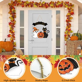 HEYINSHEN - Letrero colgante para puerta de Halloween, diseño de gato negro, calabaza, puerta de Halloween, bienvenida, puerta delantera, corona de fantasma, para puerta delantera, patio, pared