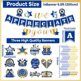 CHUNNIN We Appreciate You Banner Decorations Blue Gold Thank You Hanging Swirls Sign Employee Appreciation Banner Streamer for Staff Teacher Retirement Doctor Nurse Thanksgiving Party Supplies