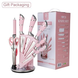 Kitchen Knife Set, Retrosohoo 9-Pieces Pink Sharp Non-Stick Coated Chef Knives Block Set,Stainless Steel Knife Set for Kitchen with Sharpener for Cutting Slicing Dicing Chopping (Pink)