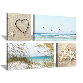 Coastal Wall Art Seascape Artwork: Sea Grass and Starfish on Beach Canvas Painting for Living Room (12” x 12'' x 2 Panels + 24” x 12” x 2 Panels)
