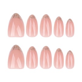 XZMeiLun Press On Nails Spring Acrylic Nails for Women - Gold French Glitter Designer Fake Nails Short Almond 24PCS, Glossy Soft Gel with Glue, Outdoor Picnic/Wedding/Party Reusable Stick On Nails