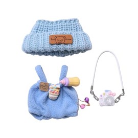 Mrltau Cute Casual Look Style Clothing for Vinyl Plush Toy Keychain Dolls, with Knitted Hat & Plush Dungarees & Camera Decoration, Outfit Accessory for Vinyl Plush Toys Blind Box (Blue)