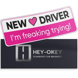HEY-OKEY New Driver Magnet for Car - Funny Pink Please Be Patient Reflective Magnetic Bumper Sticker - Removable Novice Rookie Safety Attention Sign - Weather-Resistant - 10 x 3.5 inches - White/Pink