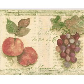 CONCORD WALLCOVERINGS ™ Fruits Themed Wallpaper Border Featuring Pears Grapes Apples Cherries, Colors Green Red Yellow, Size 7 Inches by 15 Feet TK78256