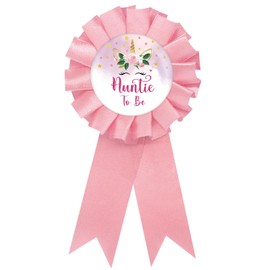 Unicorn Auntie to Be Tinplate Badge Pin, Unicorn Best Aunt Ever Pin, Gender Reveal Button for Women, Pink Rosette Aunt to Be Award Ribbon, Floral Unicorn Baby Shower Party Favors