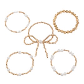 Yamobi Women's Golden Bracelet, Pearl Bracelet with Bow Design, Stretch Bracelets with Golden Beads and Pearl Balls, Adjustable Elegant Pearl Jewellery, L