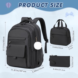 GeeWin Black Backpack for Girls, Bookbag for Girls, School Bags for Kids Children Elementary Middle School Student, 3-In-1 Waterproof Stylish Girl Bookbag Set with Insulated Lunch Bag & Pencil Pouch