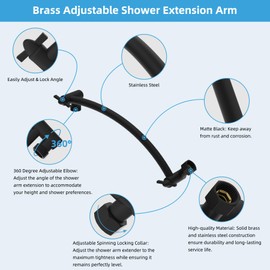 Hibbent All Metal 10'' Shower Head Extension Arm, Brass Flexible Height & Angle Adjustable Shower Arm Extender with Lock Joint, Universal Connection Stainless Steel Pipe Height Extending, Matte Black