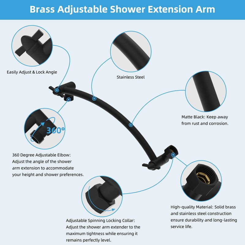 Hibbent All Metal 10'' Shower Head Extension Arm, Brass Flexible