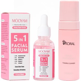 KORAL - Routine-Set für die Gesichtsreinigung: 5-in-1-Serum für das Gesicht, 30 ml - Hyaluronsäure, Niacinamid, Vitamine C und E, zur Beruhigung von Falten + Koralschaum