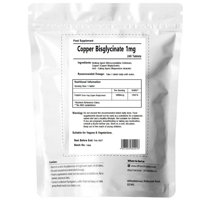 UKHealthHouse Copper Bisglycinate 1mg - 240 Tablets 1,000mcg Mineral Supplement