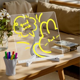 conatu Acrylic Dry Erase Board with Light Light up Drawing Board with Stand as a Glow Memo LED Letter Message Board Note Glass Led Board White Board with 7 Pen for Office School Home (7.9 X 7.9”)