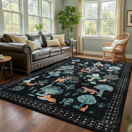 junovo 6x9 Machine-Washable, Super Soft Low Pile Jungle Animal Print Rug, Stain Resistant Kid Friendly Design for Living Room, Bedroom, playroom and Nursery, Black.