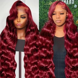 Neailrtise 99J Burgundy Lace Front Wigs Human Hair Glueless 13x4 Body Wave HD Transparent Lace Frontal Wigs Human Hair Pre Plucked Colored Wine Red Wig Magic Girl Wig (32 inch, 99J Burgundy)